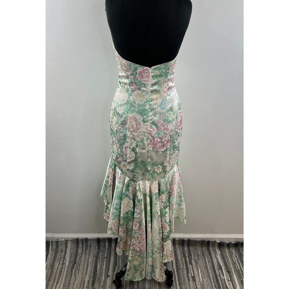VINTAGE Strapless Floral Mermaid Dress Green Pink Satin Body Hugging Midi OOAK - Picture 7 of 7